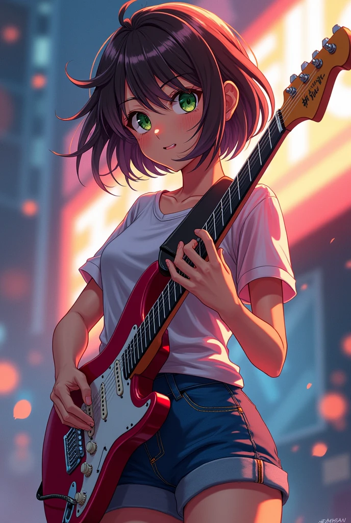 Anime Teen Girl. Short brown wavy hair. dark green eyes. playing electric guitar.