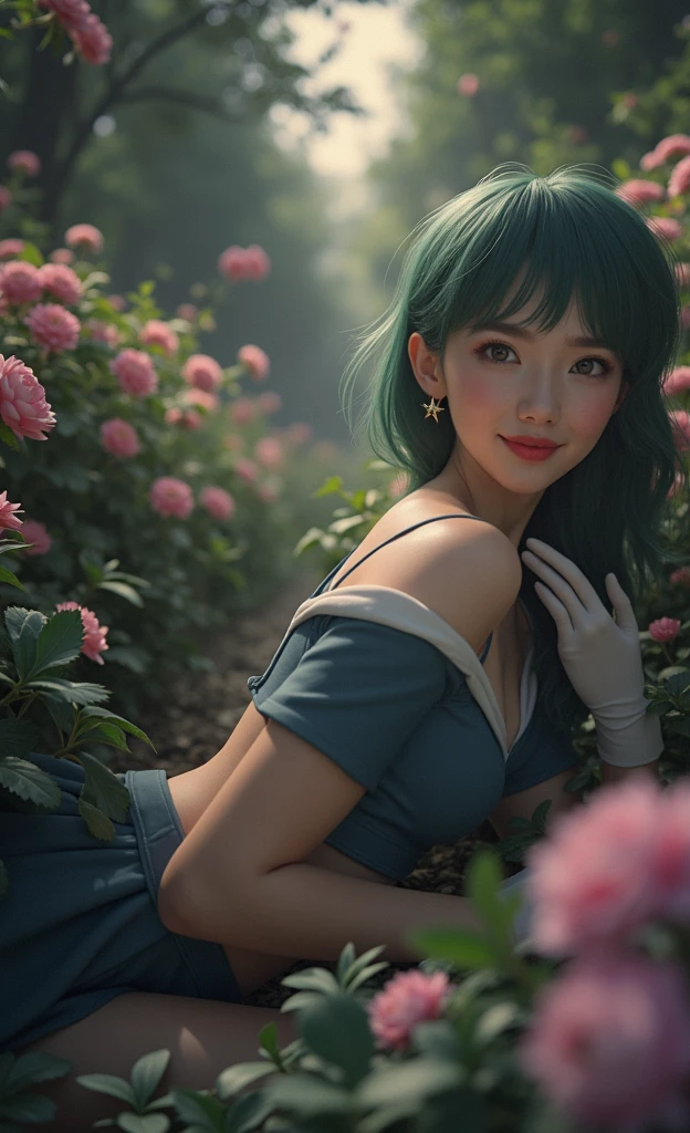 (Extreme Detail CG Unity 8K wallpaper, masterpiece, highest quality), (exquisite lighting and shadow, highly dramatic picture, cinematic lens effect), (Sailor Moon: 1.4), delicate facial features, charming smile, star eyes, ((dark green hair)), tight top, white gloves, mini skirt, dynamic pose, lying in the garden), (background in a garden full of flowers) (excellent detail, outstanding lighting, wide angle), (excellent rendering, enough to be proud of its kind),