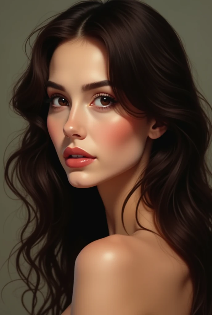beautiful woman“Fair-skinned," "long, straight, dark brown hair," "chocolate brown eyes," "face is heart-shaped with a widow’s peak," "large, wide-spaced eyes, prominent cheekbones, a thin nose," "a narrow jaw with a pointed chin," and "lips [a bit too full for her jaw line