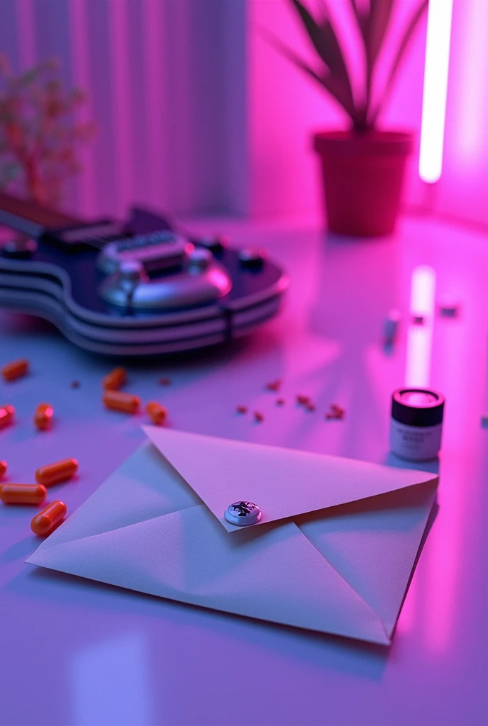 An envelope with a letter on a white floor along with an electric guitar and orange medicine pills lying to one side with purple neon lighting, this whole image has a psychedelic touch.