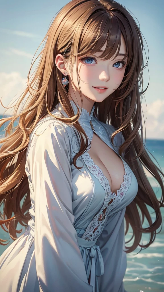 masterpiece、Highest quality、High resolution、High-quality images、8k, 1 female、Skin Radiance、Texture of skin and clothing、Expression of fine eyes、Manga inspired by Lee Jong-suk, Trending on deviantart, realism, detailed manga style, Manga art style, Perfect line drawing, Beautiful line art, digital manga art girl, K-POPアイドル, Fuller lips, Gorgeous face with attention to detail, (smile), charm, Innocent, Side view, (Perfectly detailed face), (Beautiful Hands) Photorealistic images, Written boundary depth,evening、Adult female、Long Hair、Wavy Hair、Blonde Hair、Light blue eyes、Curly hair、Big Breasts
