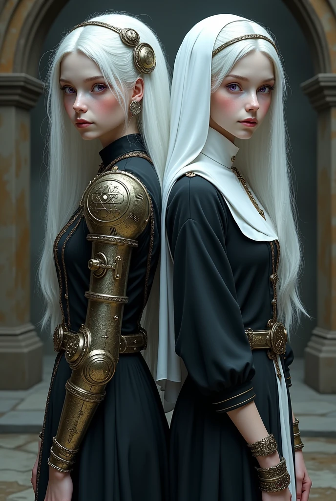 Two young albino sisters from the Middle Ages with white hair and violet eyes, back to back, the one on the left wearing alchemist's clothes and her left arm wearing a steampunk prosthesis with a pentagram, and the sister on the right wearing nun's clothes and a cross necklace..