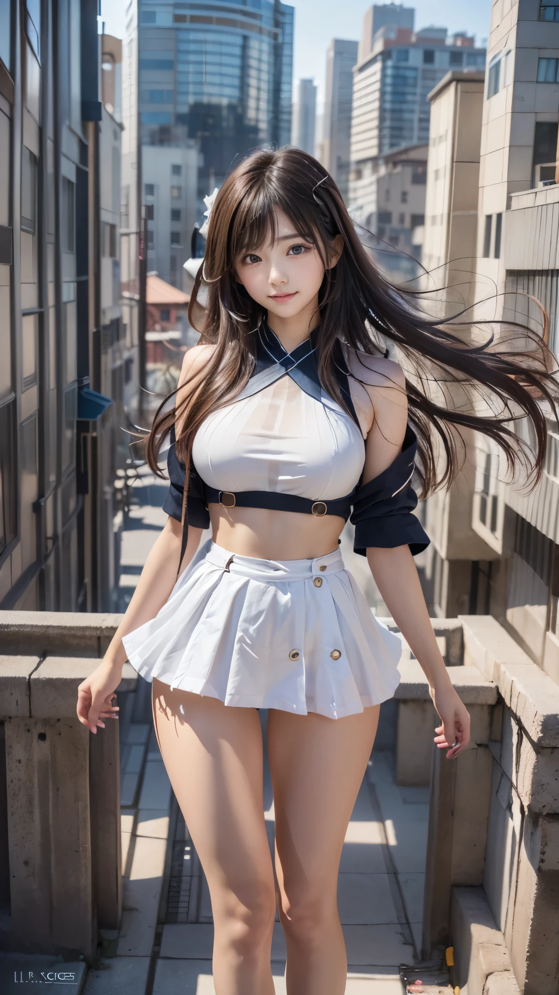 (((A pure and cute beautiful girl stands in a futuristic city:1.2))), (((Upper body portrait))), Beautiful straight hair, Short brown hair, Immersion, (Beautiful symmetrical eyes), (Thin thighs:1.2, Beautiful feet:1.2), Slender body line, ((Tight waist:1.2)), (Japanese Idols, Baby Face:1.2, high school girl, teenage), (Perfect Anatomy:1.3), Moisturizing lips, Beautiful breasts, (Highest quality、Highest quality、Masterpiece、Ultra high definition、Reality:1.37), (Detailed eyes and face:1.3、Professional photography techniques)、(The right move:1.2)、((Hair blowing in the wind:1.3)), (((Cute tops, Futuristic fashion)))