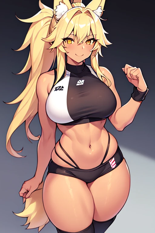 1girl, wolf ears, wolf tail, blonde hair, tan, tan skin, large breasts, thick thighs, yellow eyes, ponytail, sportswear, thighhighs, toned, hourglass figure, mature female, smile, sports bra, highleg, bare legs, text, number, number, english text