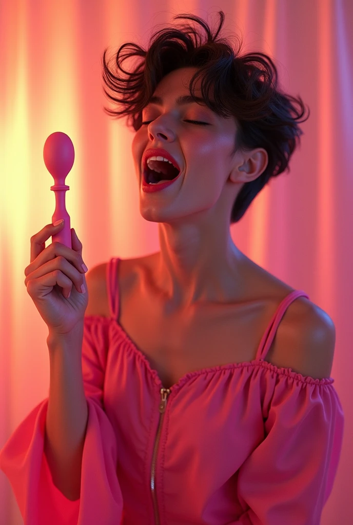 a femboy wearing a pink dress, ahegao expression, holding a dildo, detailed facial features, 1boy, intricate details, highly detailed, photorealistic, 8k, (best quality:1.2), (realistic:1.37), warm lighting, soft colors, colorful, vibrant, beautiful