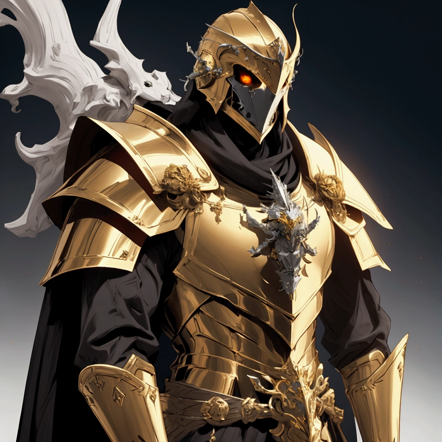 envision a 8k, highres, realistic, cinematic, dynamic, close up portrait of a faceless golden knight man clad in great armor with a grand helmet with bright white eyes with a large body in a dark fantasy style against a dark gray background, (Velstadt The Royal Aegis)