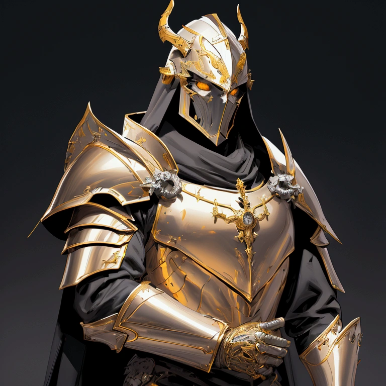 envision a 8k, highres, realistic, cinematic, dynamic, close up portrait of a faceless golden knight man clad in great armor with a grand helmet with bright white eyes with a large body in a dark fantasy style against a dark gray background, (Velstadt The Royal Aegis)