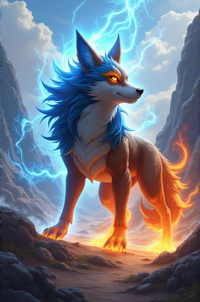 Un pokemon type eau feu et vole et terre se un loup