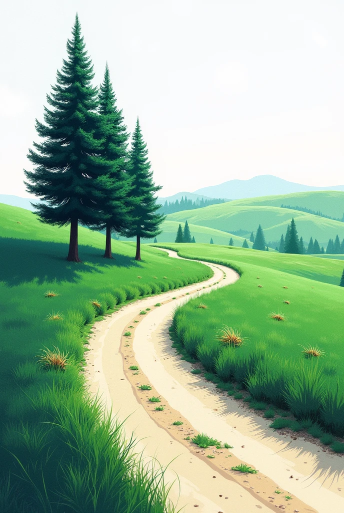A landscape drawing using the bichrome technique, In the landscape you can see a dirt road with 3 pine-like trees, straw in the grass and a hill behind. The colors should be bright and cheerful BICHROMY; Green and purple