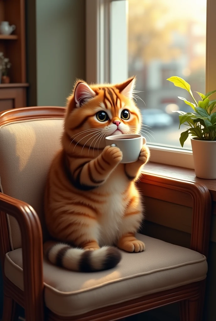 A Scottish Fold cat drinks coffee in a cozy cafe. The cat has tiger-patterned fur. 