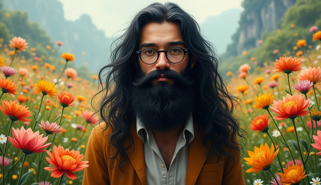 a young teacher who wears glasses with long black hair and a very large black beard. in flower fields