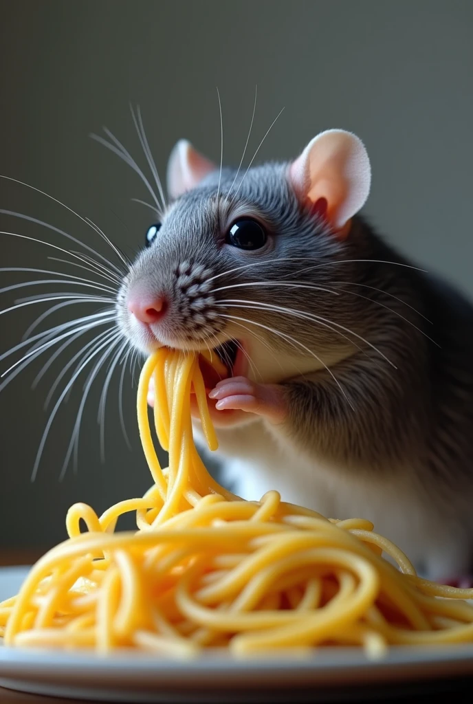 Funny rat eating spaghetti, looks like a hamster, and it's like a profile picture, It's not a cartoon but a real-looking photo, The rat is grey and its whiskers are white., It's not so cute, but it has its charm, and it doesn't have very bright colors either, That is, it is a darker tone.
