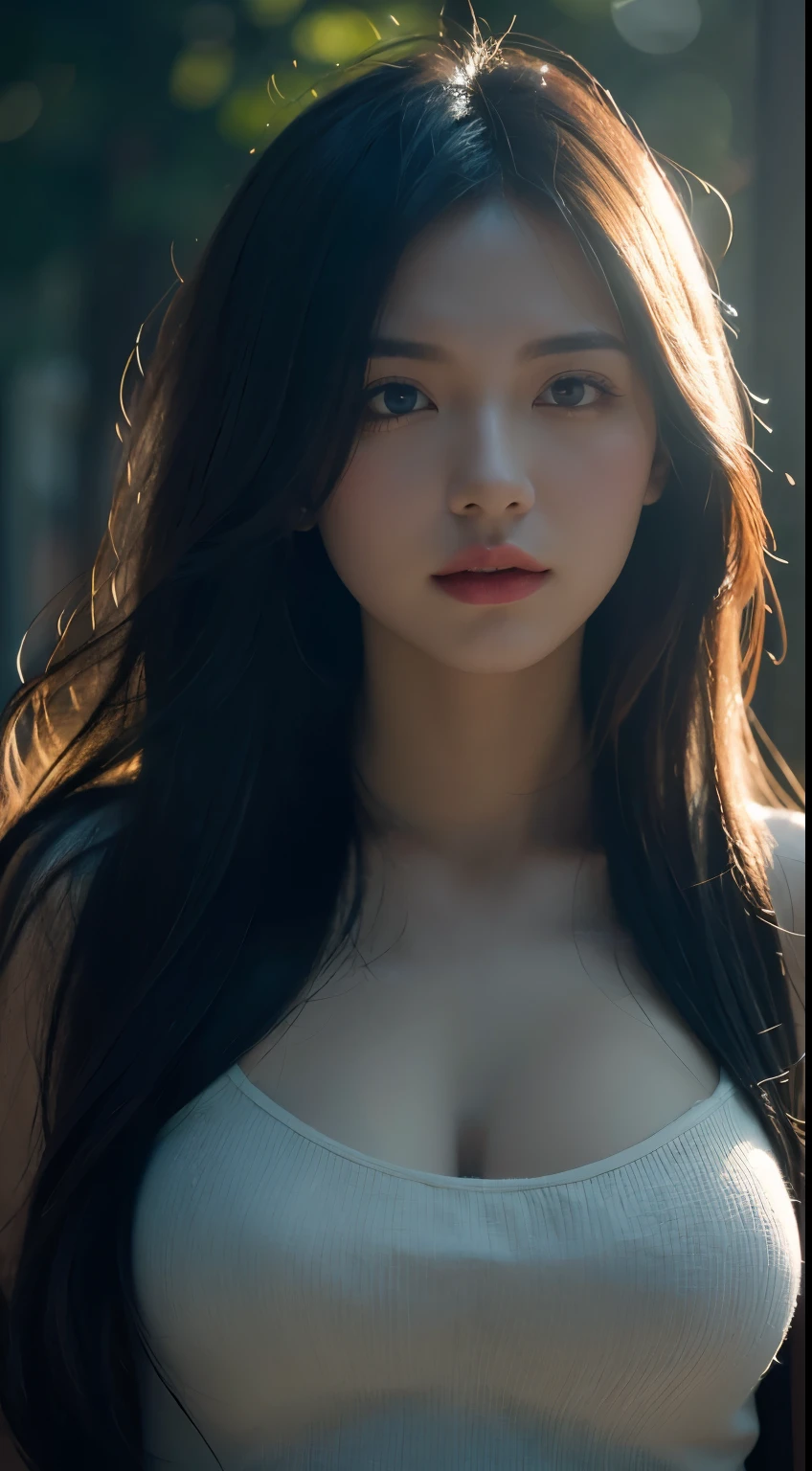 Generate a woman utilizing a masterful composition, leveraging techniques such as chiaroscuro, depth of field, and cinematic lighting. Incorporate effects like motion blur, chromatic aberration, and blooming. Experiment with atmospheric perspective, cinematic color grading, and surreal elements. Pay attention to details like hair texture, clothing, and accessories, implementing a mix of backlighting and shadow play. Utilize advanced photography concepts for a visually striking and technically proficient result.