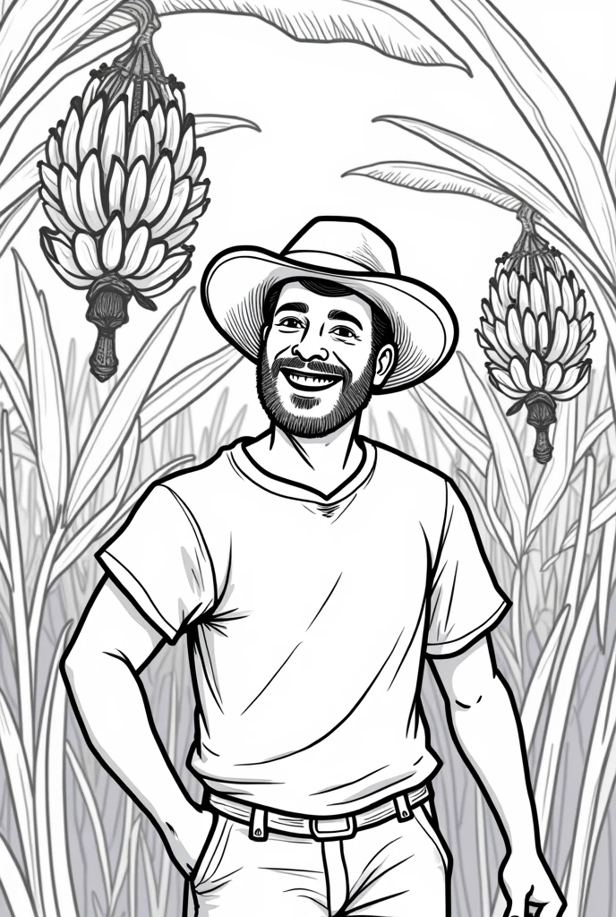 Easy to draw black and white drawing of a happy man with beard and hat on a banana plantation .
Place the man looking at the bananas hanging from the plants