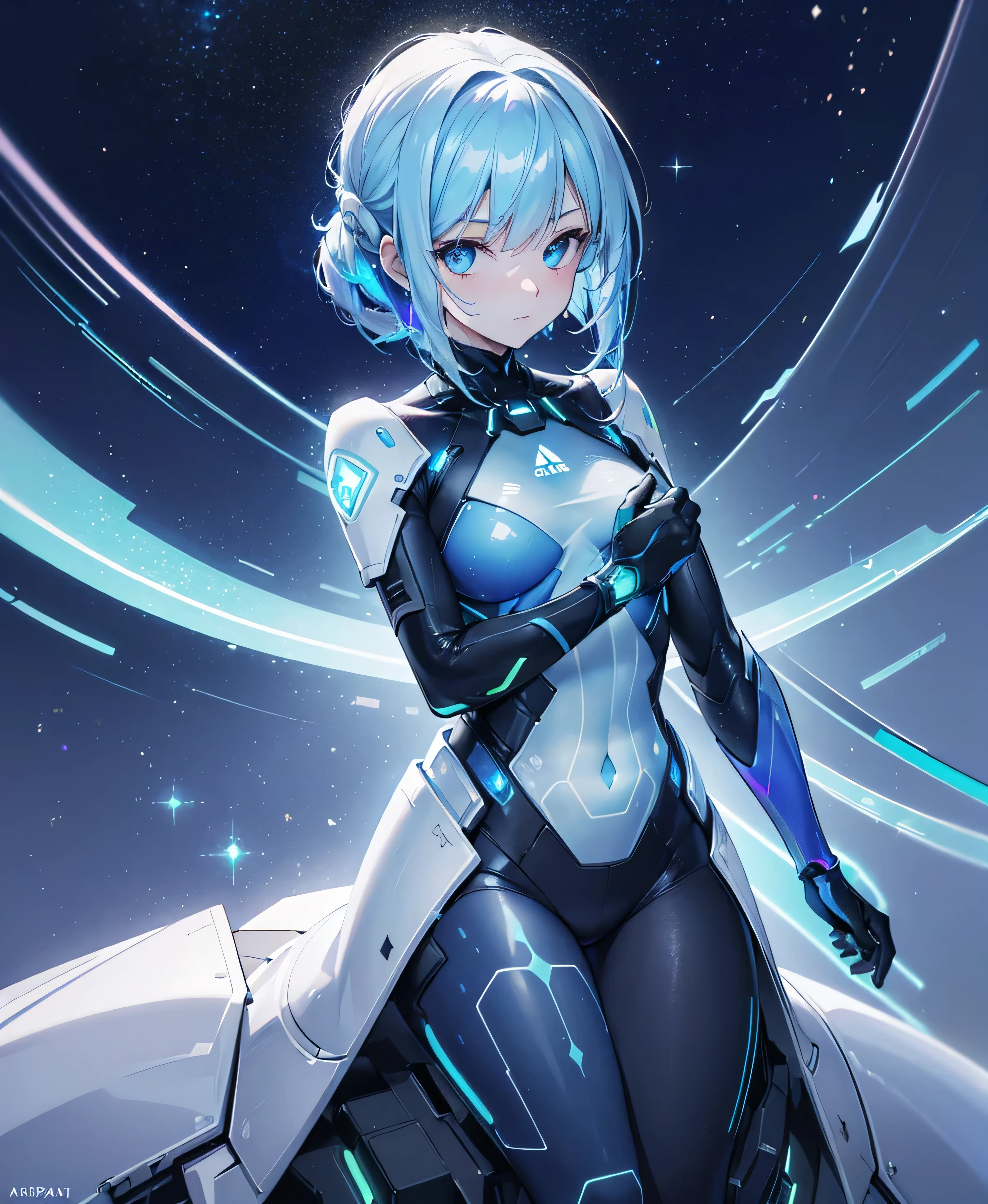 ((Holographic glow effect)),8k, Highest quality, (real:1.4), Original photo, 1 person, Asari Hair, Biological Amplifier, refined armor, posture: Peace talks between warring factions, smart blue eyes,whole body