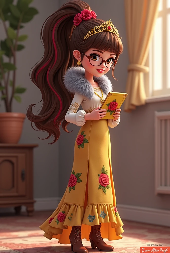 Imagem da filha da Ramona Badwof e da Rosabella Beauty de Ever After High: Must have a long wavy brown ponytail with bangs with red highlights in the hair, first of all, light brown eyes, brown glasses with a red rose, long white blouse with red roses and green leaves on the blouse and sleeves, golden skirt with golden roses, a faux fur collar around the neck of gray color, brown high heel boots with roses, golden flower tiara on head, wolf earrings, wolf pendant and a yellow tablet with red roses in hands, no wolf ears She has to have red highlights in her hair