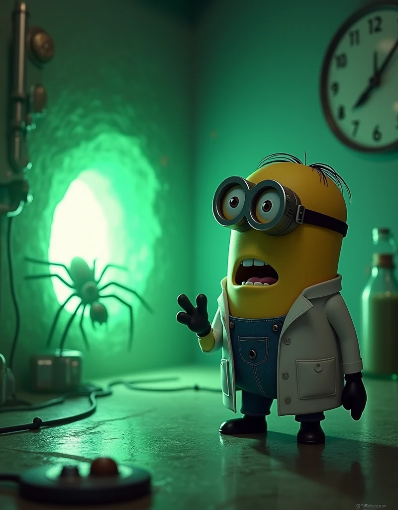 Minion A corner of the lab with a green glowing space crack that just appeared, smaller but similar in city. A giant but smaller spider is crawling out of the crack in front of Minion Kevin . Minion Kevin in scientist suit turns around with a look of horror, hand still holding a laboratory instrument.