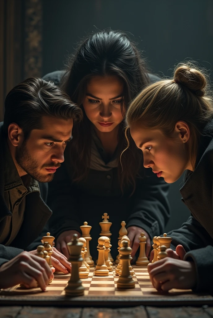 A chess game, two players.  A woman standing behind a player and deciding the next move.