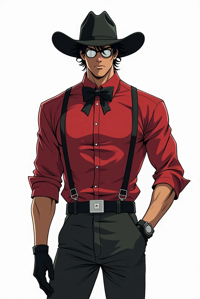 (Artwork), (Line art style from the Hellsing Ultimate anime), (8K), 1 tall man, medium brown skin, short curly black hair, wearing a wide cowboy hat, wearing a red dress shirt with a black bow tie, wearing pants with black suspenders, wearing two black gloves, wearing white lens glasses, wearing a black leather haori, serious look.