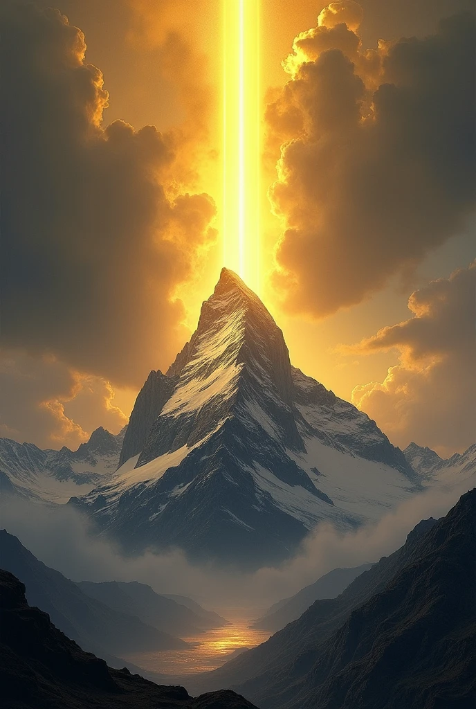 A mountain emitting an intense golden beam of light