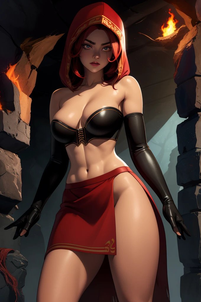 Dsorceress, redhair, shadowy face,dark cave, fire, hood, shadowed cute face, mini skimpy strapless bra, slim and athletic body, skinny thighs, skimpy slit miniskirt, ((no underwear, no panty, naked beneath her skirt)), elbow gloves, dark skin, 1 girl (insanely detailed, masterpiece, best quality
