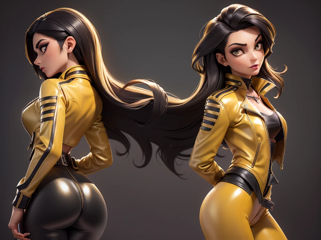 obra prima, melhor qualidade, ((only two women,)) ((morgan brittany as a vamp, dark tan skin, straight black vamp hair, heavy vamp makeup eye shadow,)) (((wearing thigh length dark yellow metallic leather jacket,))) (((jacket is zipped up, jacket covers waist and ass,))) ((jacket has stiff high collar,)) ((gold pvc gloves,)) body is very skinny, standing up, (((arched back, shoulders leaning way back, hips twisting, head tilted way back, chin up,))) ((camera side view, extreme closeup view of upper body,)) shallow depth of field, highres, HD, 8k, anatomically correct