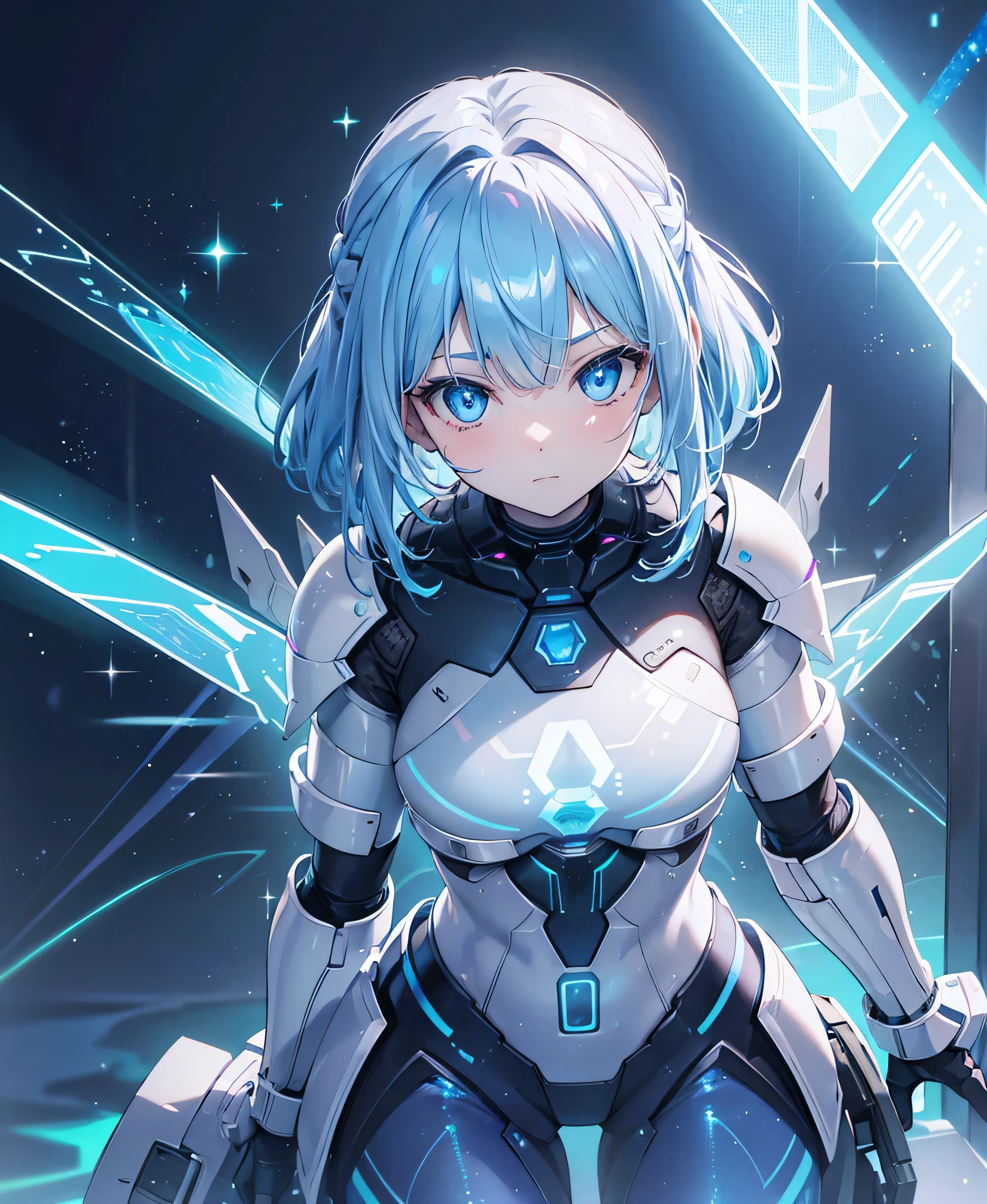 ((Holographic glow effect)),8k, Highest quality, (real:1.4), Original photo, 1 person, Asari Hair, Biological Amplifier, refined armor, posture: Peace talks between warring factions, smart blue eyes,whole body