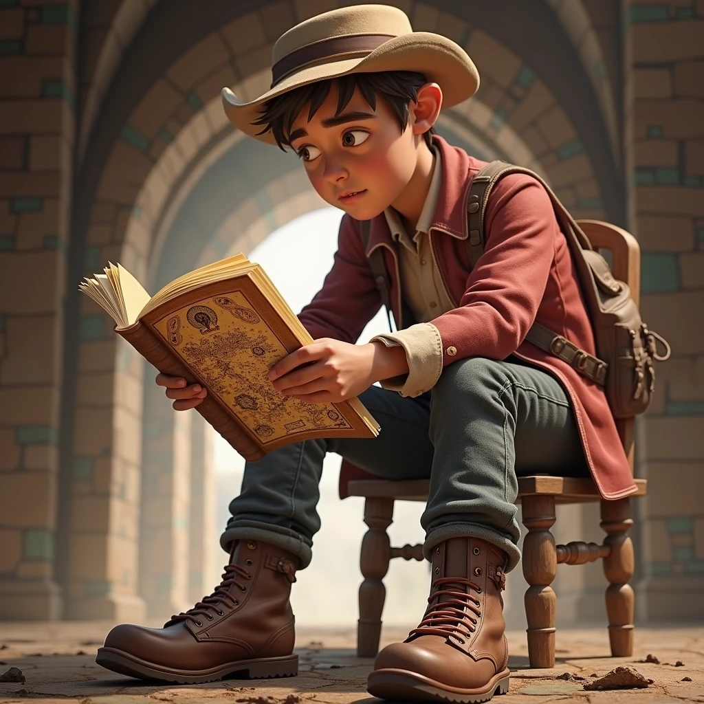Close-up of Alex reading the book with open pages displaying mysterious maps and cryptic symbols.