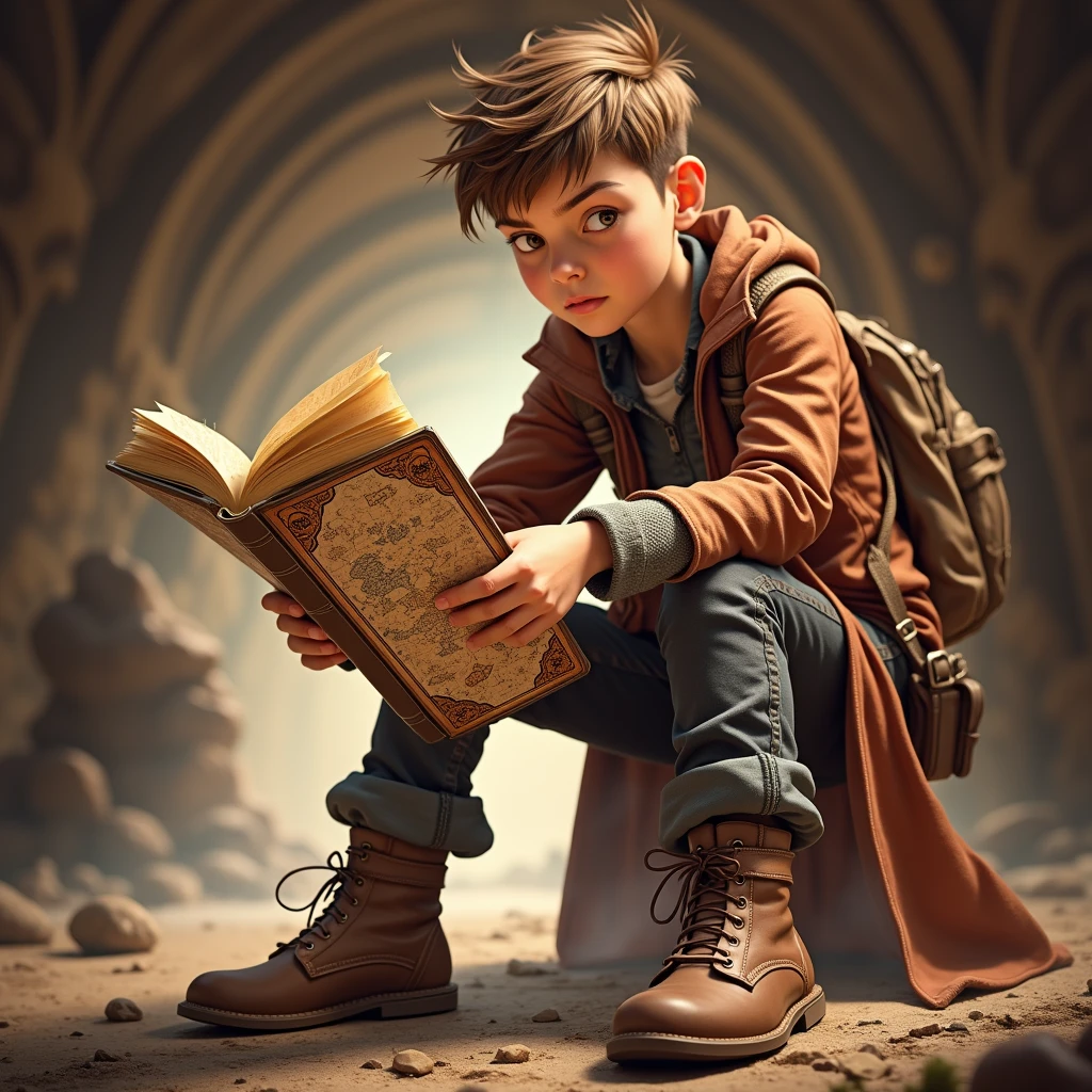 Close-up of Alex reading the book with open pages displaying mysterious maps and cryptic symbols.