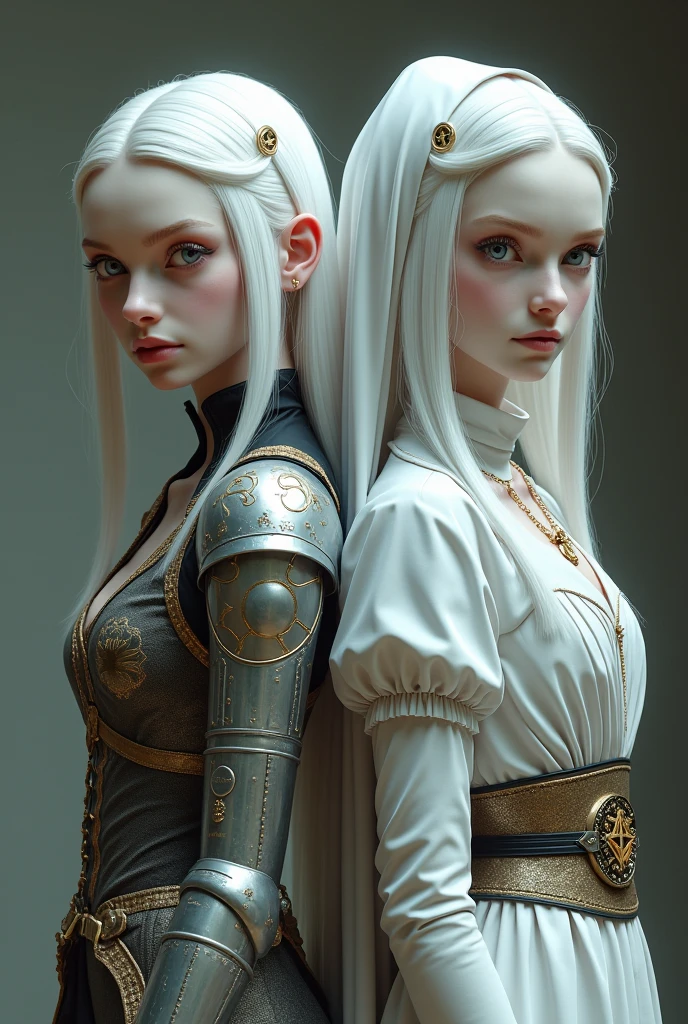 Two young albino women from the Middle Ages with white hair and violet eyes, back to back, the one on the left wearing alchemist&#39;s clothes and her left arm with a steampunk prosthesis with a pentagram, and the sister on the right wearing nun&#39;s clothes and a cross necklace..