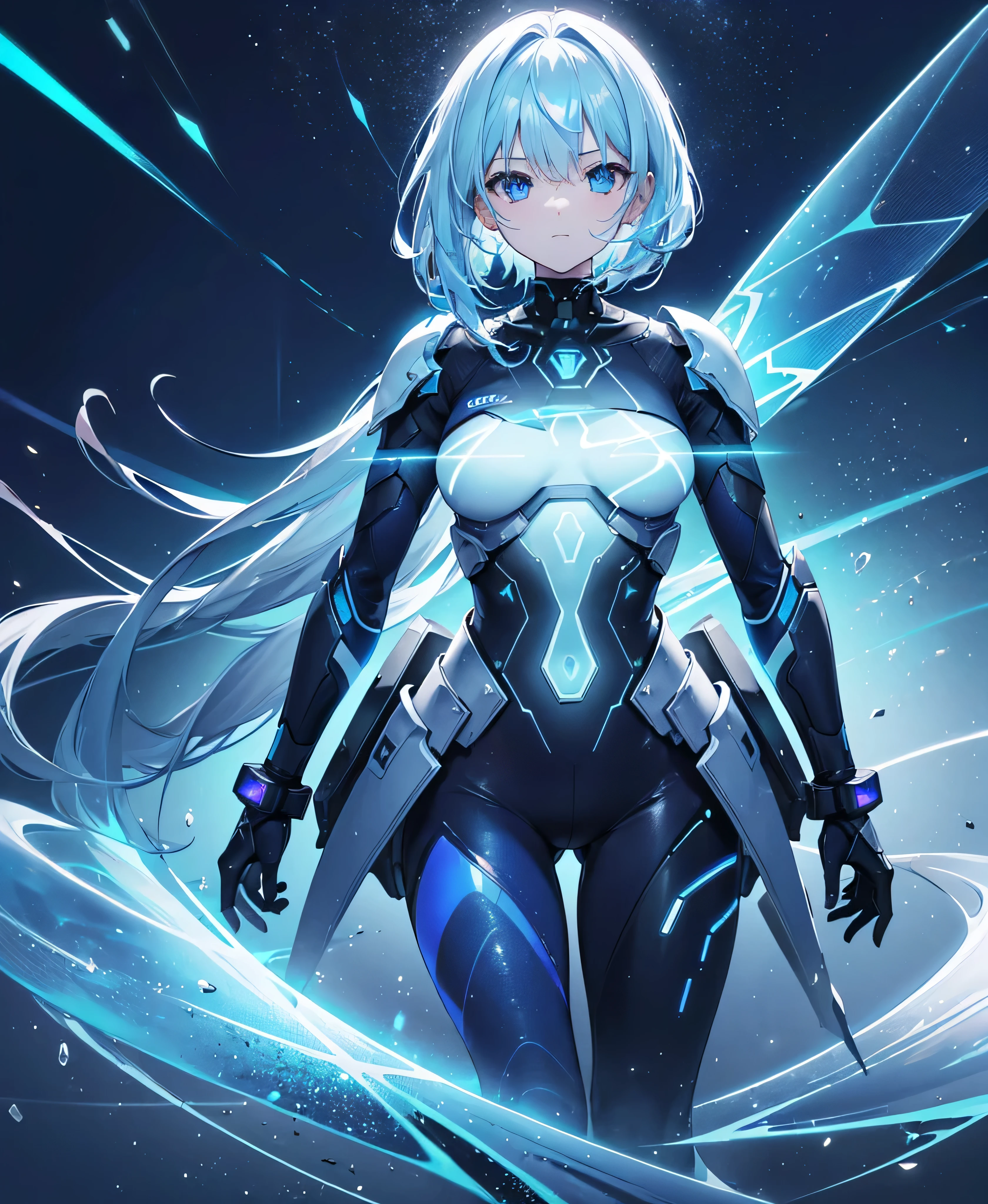 ((Holographic glow effect)),8k, Highest quality, (real:1.4), Original photo, 1 person, Asari Hair, Biological Amplifier, refined armor, posture: Peace talks between warring factions, smart blue eyes,whole body