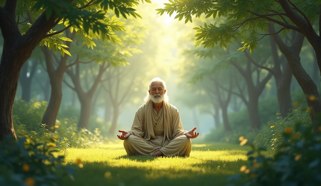 enoch, a wise looking man, meditating in a sunlit clearing, surrounded by leafy trees. Soft sunlight filters through the leaves, criando um ambiente sereno. He wears simple clothes and expresses calmness and devotion..