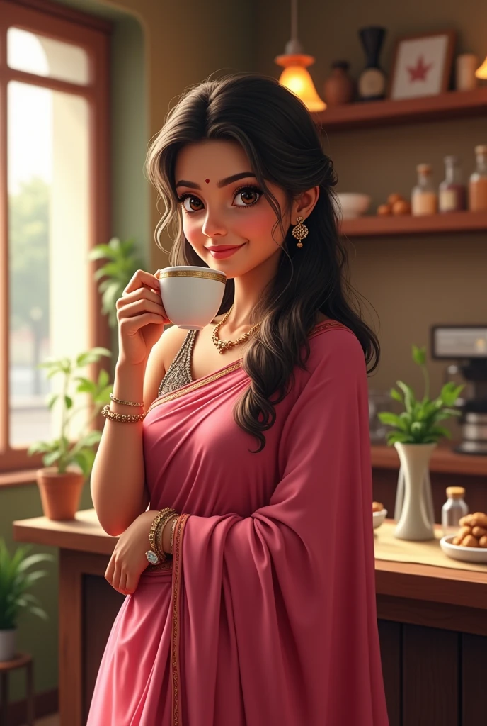 Indian girl with western dress age 20.
 Same as it above with pink sari. Stay coffee bar. With take coffee sip on right hand.