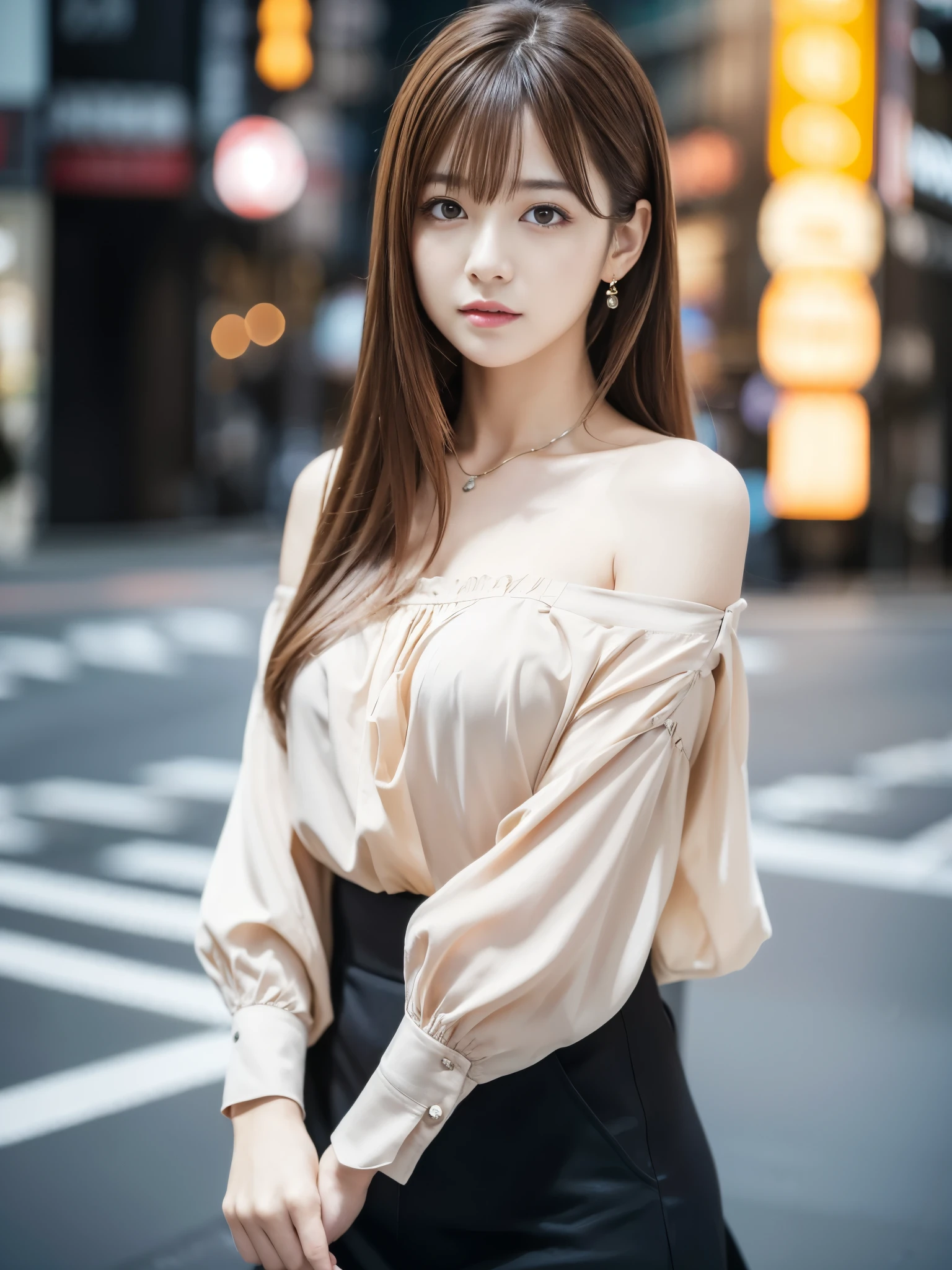 Ultra High Definition, Superior Quality, Premier Quality, ultra detailed, Photorealistic, 8k, RAW Photos, highest quality, masterpiece, Attractive girl, Stunning girl, Brown Hair, Shoulder Length Layered, asymmetrical bangs, Japanese Idol, Sophisticated, Stylish, blouse,Shibuya,