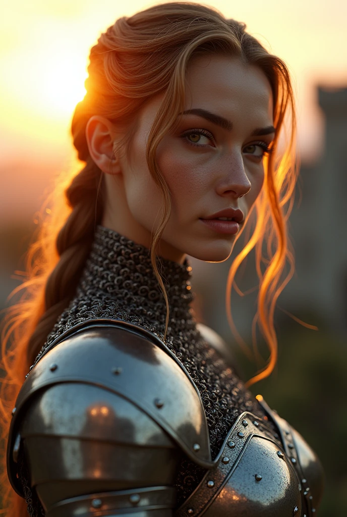 (masterpiece), (realistic), portrait of a girl, the most beautiful in the world, (medieval armor), metal reflections, upper body, outdoors, intense sunlight, far away castle, professional photograph of a stunning woman detailed, sharp focus, dramatic, award winning, cinematic lighting, octane render unreal engine, volumetrics dtx, (film grain, blurry background, blurry foreground, bokeh, depth of field, sunset, motion blur:1.3), chainmail, looking to the side