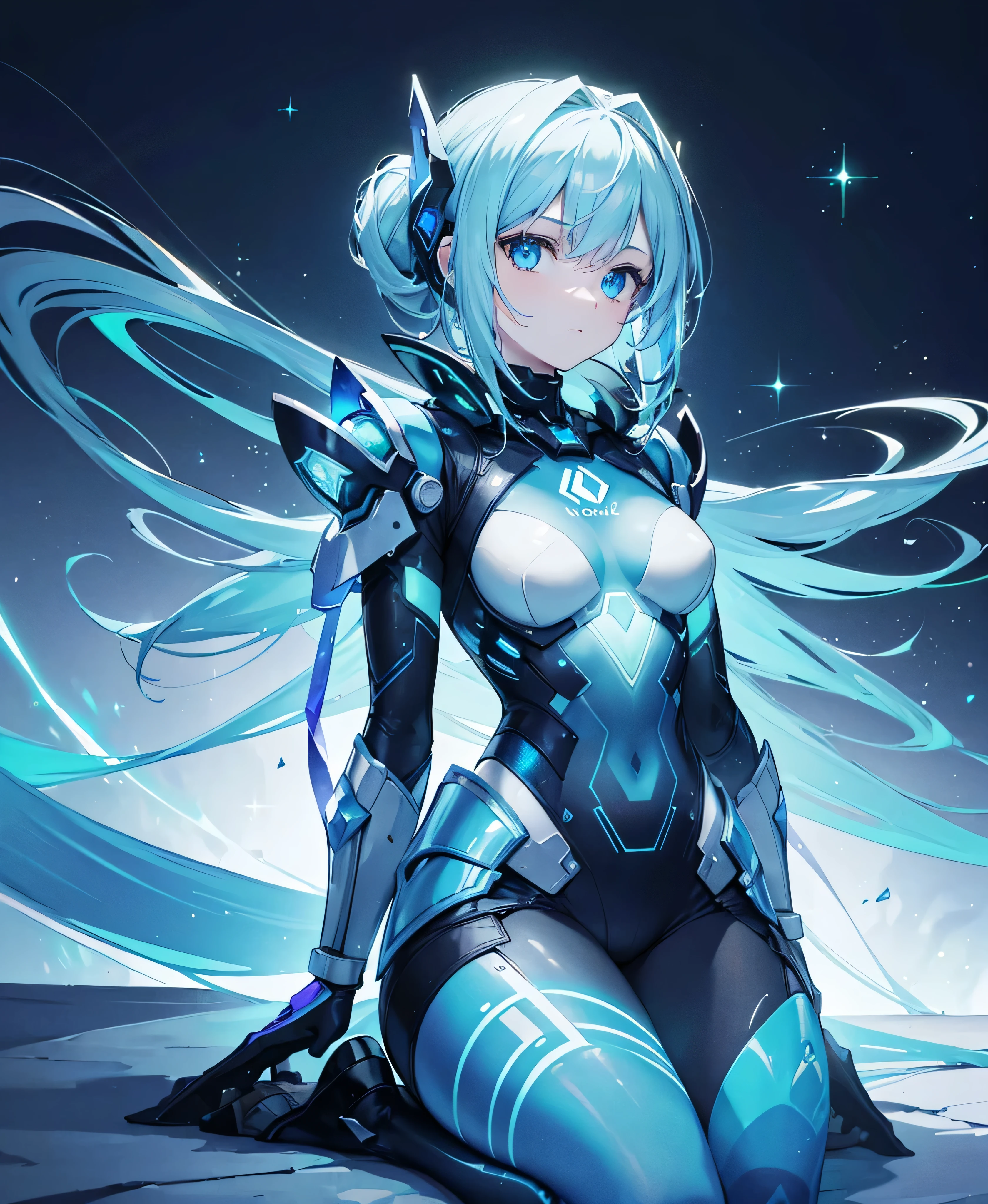 ((Holographic glow effect)),8k, Highest quality, (real:1.4), Original photo, 1 person, Asari Hair, Biological Amplifier, refined armor, posture: Peace talks between warring factions, smart blue eyes,whole body