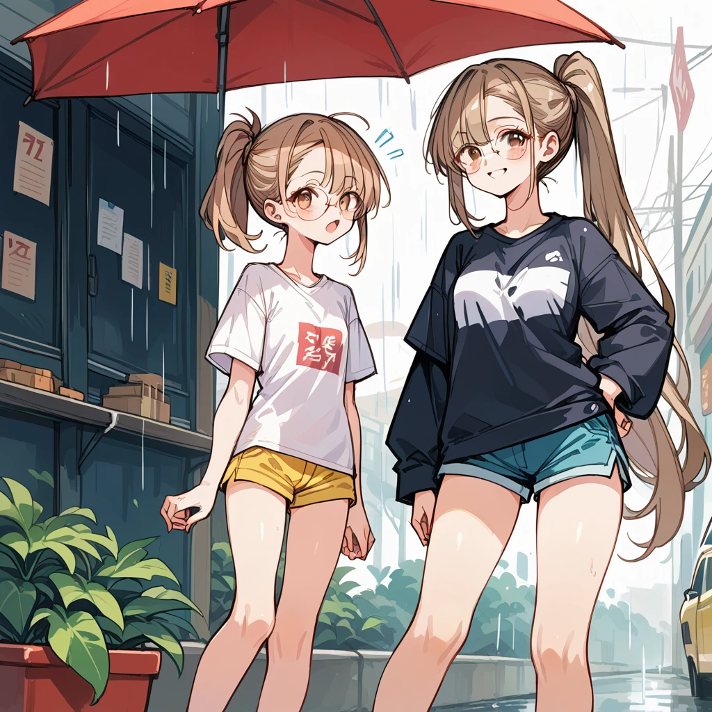 A scene of two characters standing together on a rainy day,The gestures of interacting with each other are very intimate,One character puts his hand on another character's chest,Both are facing forward。The background shows a market or stall,There are lots of fruits and vegetables around,There are also hanging lanterns,The overall atmosphere is full of the warmth of daily life。
Xiaoxuan:she is standing on the left,Keep your light brown double ponytail hairstyle and big round glasses。She's wearing a sweater and a skirt,Gentle expression with a hint of shyness。她的手放在Little red的胸前,express a feeling of concern or interaction。
Little red:she is standing on the right,wearing her oversized t-shirt(3XL size)and shorts,The clothes are slightly soaked due to the rain。She maintains a black bob hairstyle and a normal complexion,The expression is a little surprised but very happy,With a smile on his face。