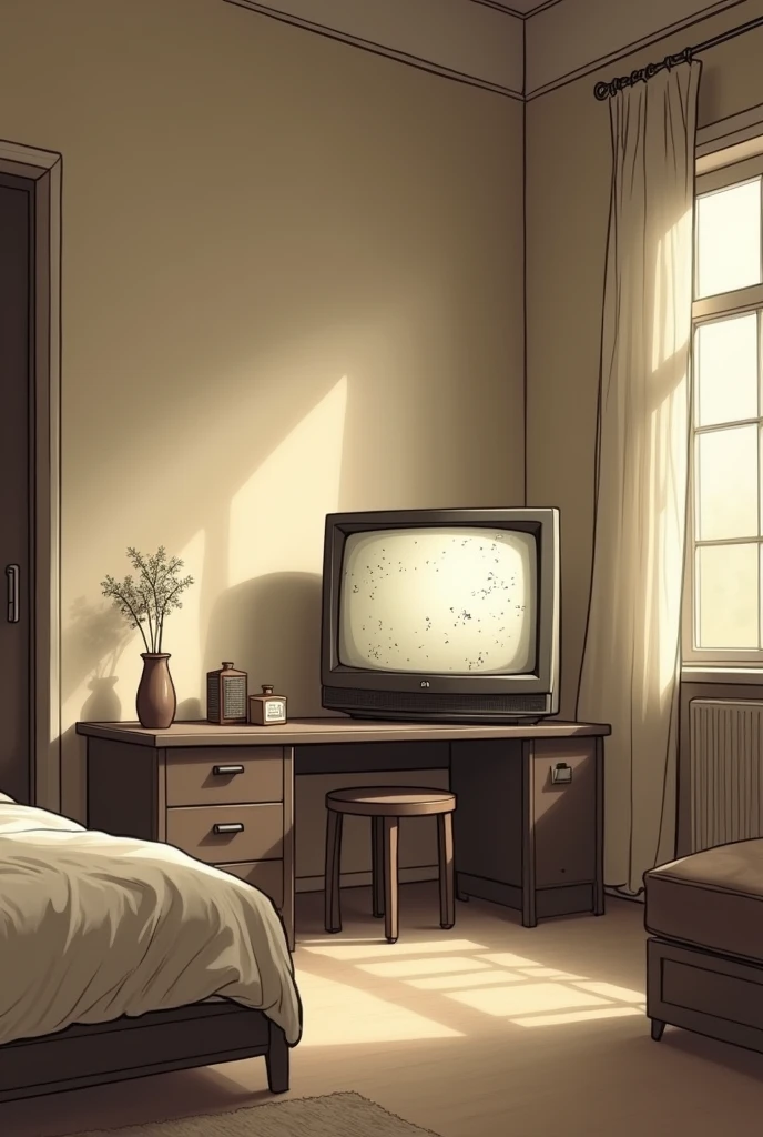 Create an image of a realistic room, very realistic that it is afternoon and has a sepia filter and focuses on a modern flat screen TV that is broken and turned on, Give a minimalist touch to the room, that it is a bedroom, that the TV is drawn like a cartoon, just the tv, and it is on a desk