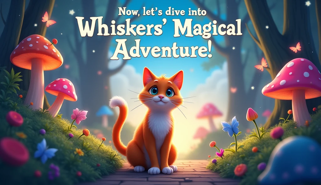 Create an enchanting and dynamic scene that captures the essence of 'Whiskers' magical adventure.' The image should feature Whiskers, the curious orange and white cat, standing at the edge of a vibrant, magical forest. The forest should be filled with fantastical elements like glowing mushrooms, sparkling fireflies, and whimsical plants.

In the background, show a path leading into the forest with hints of magical creatures peeking out, such as fairies or friendly animals. The sky above should have a dreamy twilight or dawn effect, adding to the sense of wonder and adventure. Incorporate a playful and inviting atmosphere to evoke excitement and curiosity.

Add a prominent text overlay that reads, 'Now, let’s dive into Whiskers' magical adventure!' in a whimsical, adventurous font. The overall image should be colorful and engaging, capturing the spirit of exploration and magic in Whiskers' journey.