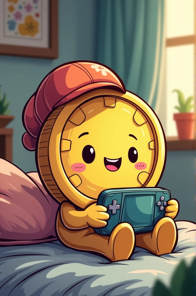 Make a cartoon of a coin wearing a cap playing video games