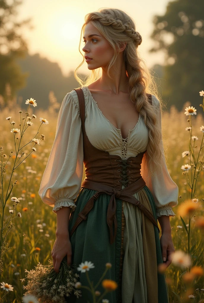 Envision a woman standing in a sun-dappled meadow on the outskirts of a medieval village, surrounded by wildflowers and tall, gently swaying grasses. Her long, blonde hair is loosely braided, with a few soft curls escaping to frame her bright blue eyes. Her fair skin glows in the golden light of the late afternoon sun, with a natural flush of pink on her cheeks. She is dressed in the simple yet charming attire of a village maiden: a cream-colored linen blouse with a modest but open neckline, revealing just a hint of her generous cleavage. Over it, she wears a deep green, worn but well-fitted bodice that accentuates her curvy figure. Her skirt is a patchwork of earthy tones, flowing down to her ankles, though it’s slightly lifted by the breeze, giving a glimpse of her thick, shapely legs.

The meadow is filled with the fragrance of blooming flowers, and the distant sound of a babbling brook adds to the serene atmosphere. A gentle breeze rustles the leaves of nearby trees, and birds sing sweetly from their branches. Her blue eyes are soft and full of longing as she gazes toward the horizon, where the sun begins to dip, casting a warm, golden glow over the landscape. Her posture is relaxed yet graceful, one hand lightly clutching a small bouquet of wildflowers, the other resting on her hip as she breathes in the tranquility of the moment.

Despite the simplicity of her attire, there is a quiet, romantic allure in her presence, enhanced by the natural beauty surrounding her. The scene is one of peaceful intimacy, where the gentle charms of the countryside blend with the subtle, captivating beauty of the village maiden, creating a moment of timeless romance.