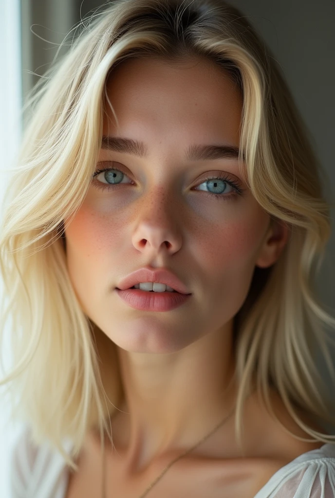 (Photorealism:1.2), beautiful young blonde woman, mid-length hair, yeux clair