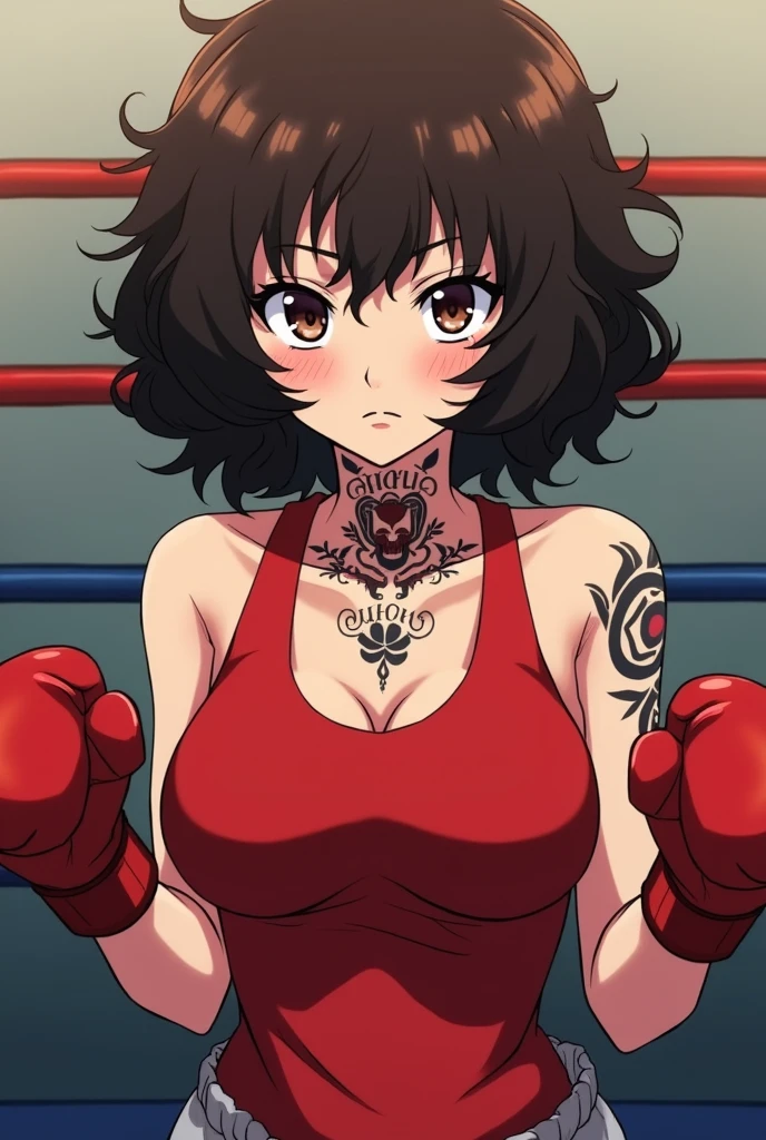 female anime character with very curly hair 3C curl and short with curly bangs, dark brown eyes and tattoo in the middle of the neck, another with a phrase on the collarbone, and other small tattoos on the arms, female boxer doing guard with red competition outfit in hajime no ippo style, serious expression but with a touch of mockery, self-centered