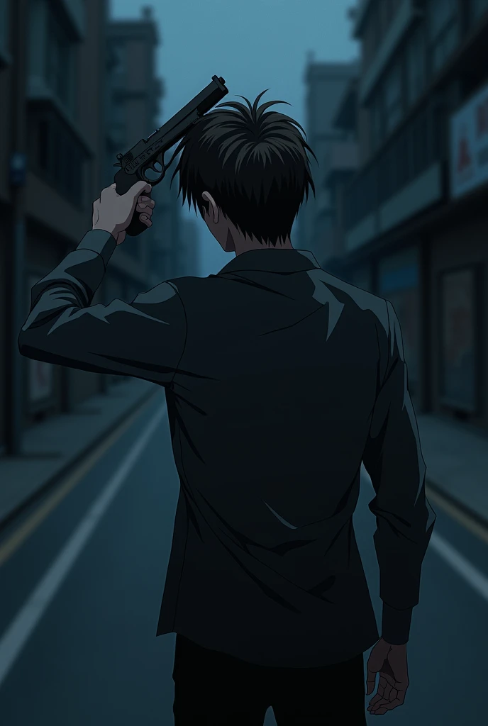 The image is anime style with shadows and dim lights, anime style although somewhat adult and dark, It shows a man with his back turned pointing a gun at his head.. The background of the image is a street road. 
