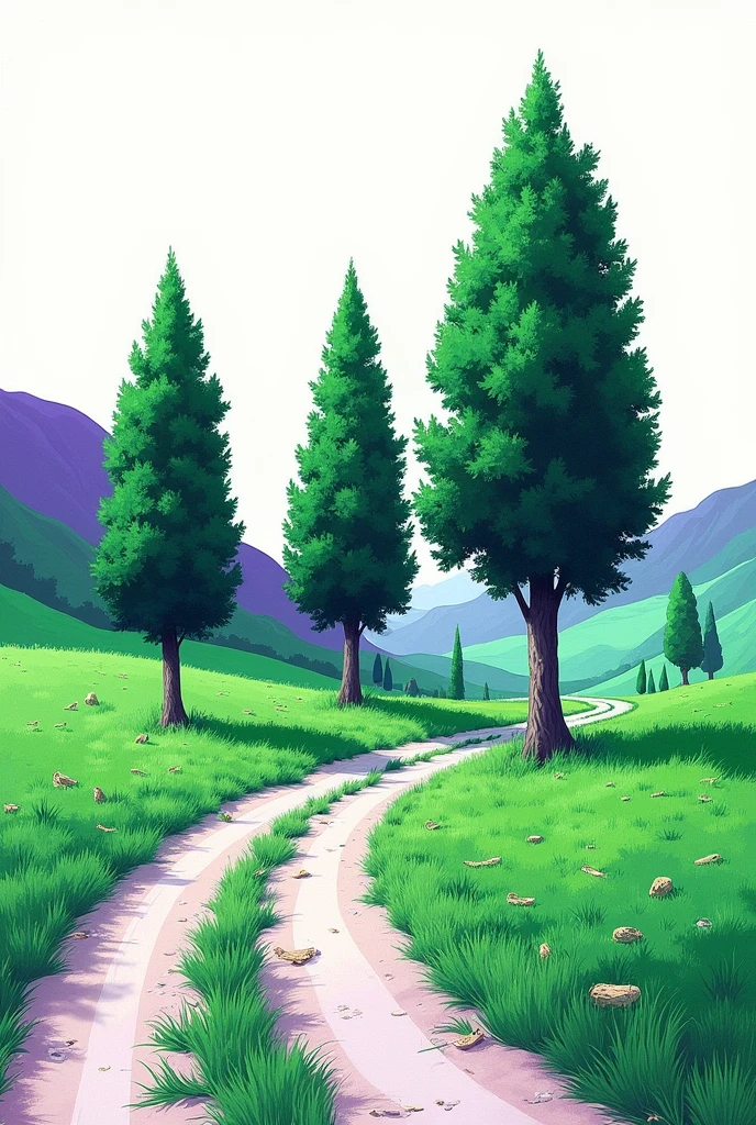 A landscape drawing using the bichrome technique, In the landscape you can see a dirt road with 3 pine-like trees, straw in the grass and a hill behind. The colors should be bright and cheerful BICHROMY; Green and purple are the colors of the entire drawing