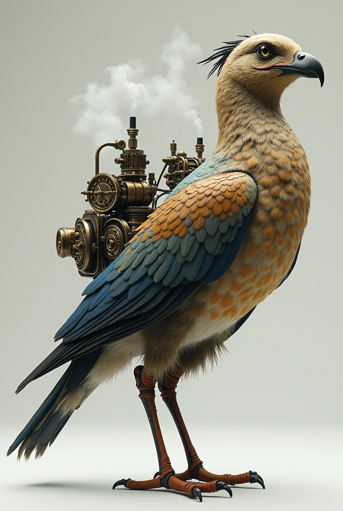A hyper-real bird with a steampunk engine on its butt