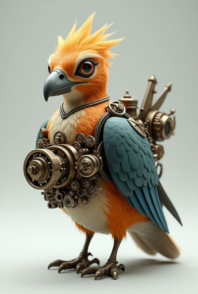 A hyper-real bird with a steampunk engine on its butt