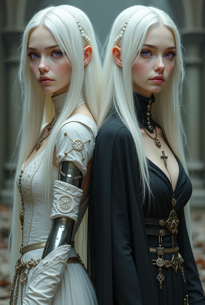 Two young albino women from the Middle Ages with white hair and violet eyes, back to back, the one on the left wearing alchemist's clothes and her left arm with a steampunk prosthesis with a pentagram, and the sister on the right wearing nun's clothes and a cross necklace..