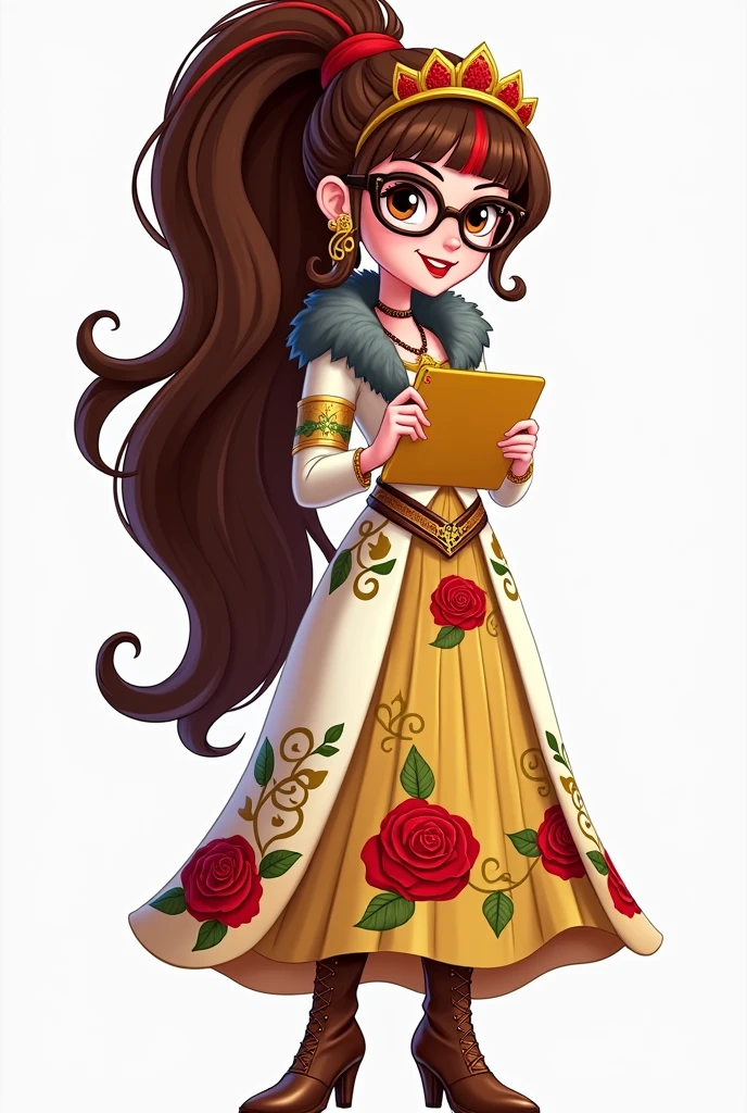 Imagem da filha da Ramona Badwof e da Rosabella Beauty de Ever After High: Must have a long wavy brown ponytail with bangs with red highlights in the hair, first of all, light brown eyes, brown glasses with a red rose, long white blouse with red roses and green leaves on the blouse and sleeves, golden skirt with golden roses, a faux fur collar around the neck of gray color, brown high heel boots with roses, golden flower tiara on head, wolf earrings, wolf pendant and a yellow tablet with red roses in hands, no wolf ears She has to have red highlights in her hair