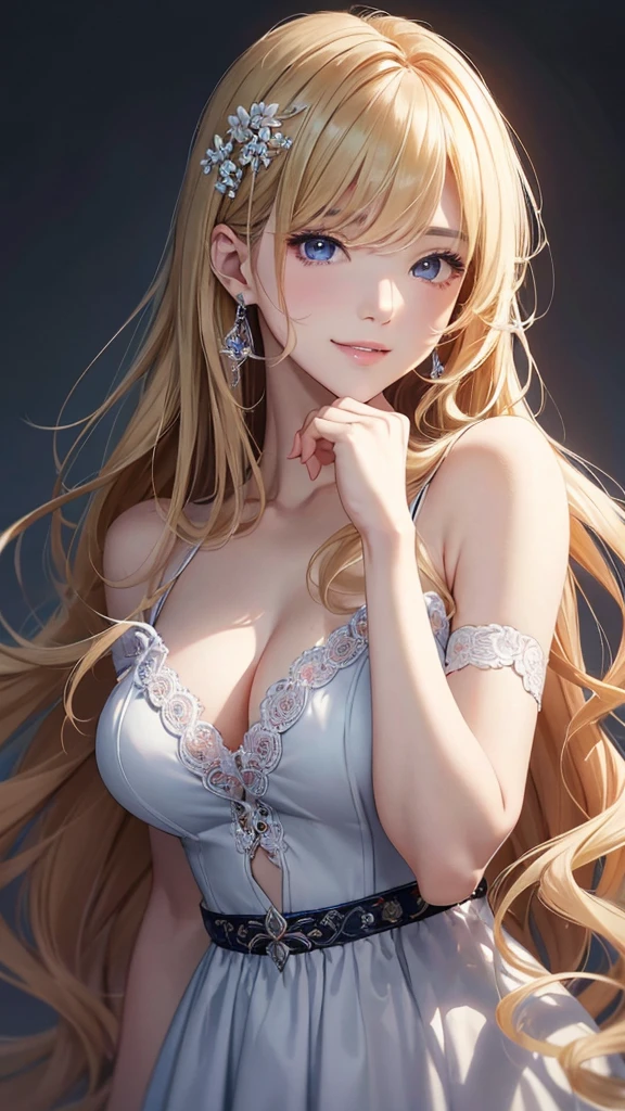 masterpiece、Highest quality、High resolution、High-quality images、8k, 1 female、Skin Radiance、Texture of skin and clothing、Expression of fine eyes、Manga inspired by Lee Jong-suk, Trending on deviantart, realism, detailed manga style, Manga art style, Perfect line drawing, Beautiful line art, digital manga art girl, K-POPアイドル, Fuller lips, Gorgeous face with attention to detail, (smile), charm, Innocent, Side view, (Perfectly detailed face), (Beautiful Hands) Photorealistic images, Written boundary depth,evening、Adult female、Long Hair、Wavy Hair、Blonde Hair、Light blue eyes、Curly hair、Big Breasts、Circlet
